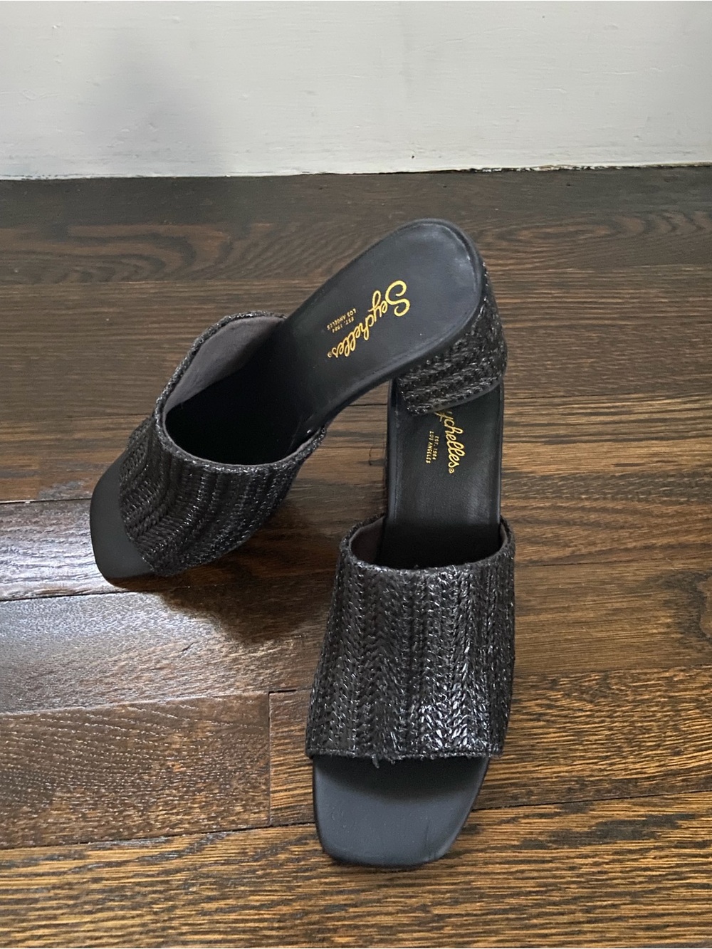 Seychelles Black Woven Slide Heels NWOT